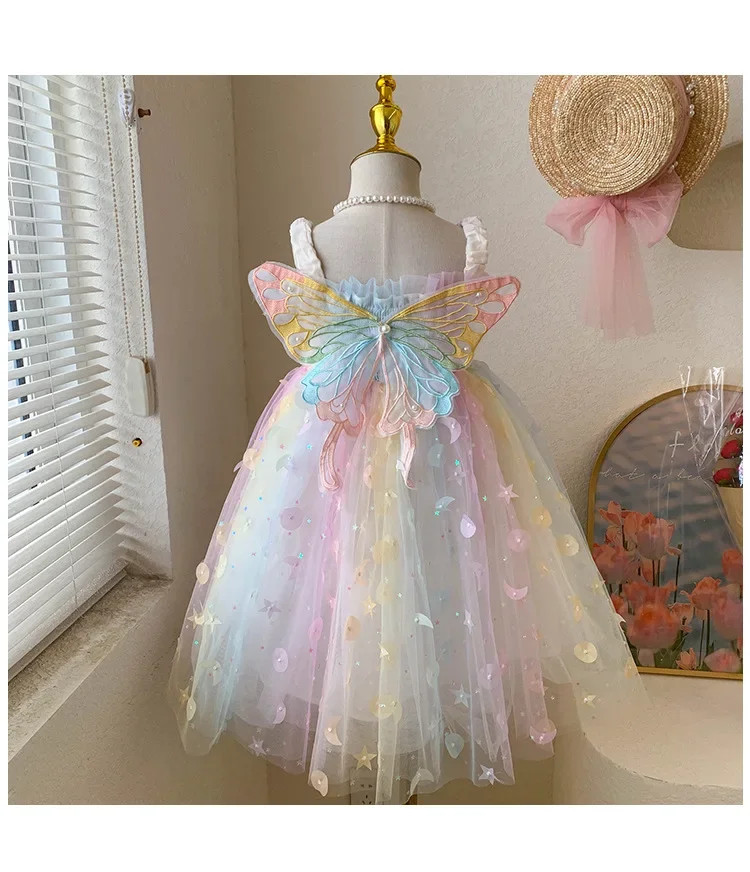 Kid Girl Fairy Performance Sleeveless Dress Rainbow Colored Butterfly Wing Pastel Skirt Party Moon Show Decorations Children