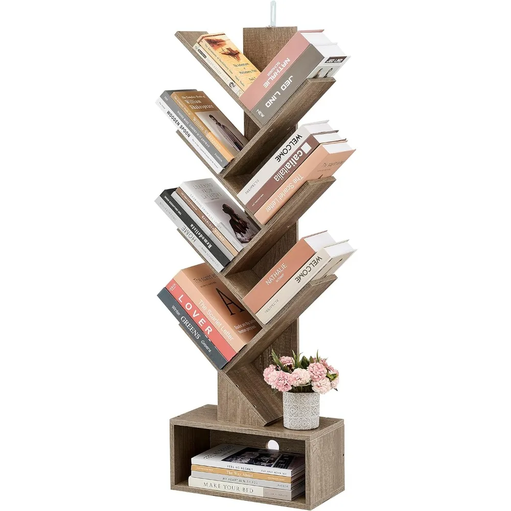 

6 Tier Tree Bookshelf, Tall Bookcase with Drawer, Freestanding Book Shelf, Book Organizer Shelves for Home,Living Room,Greige