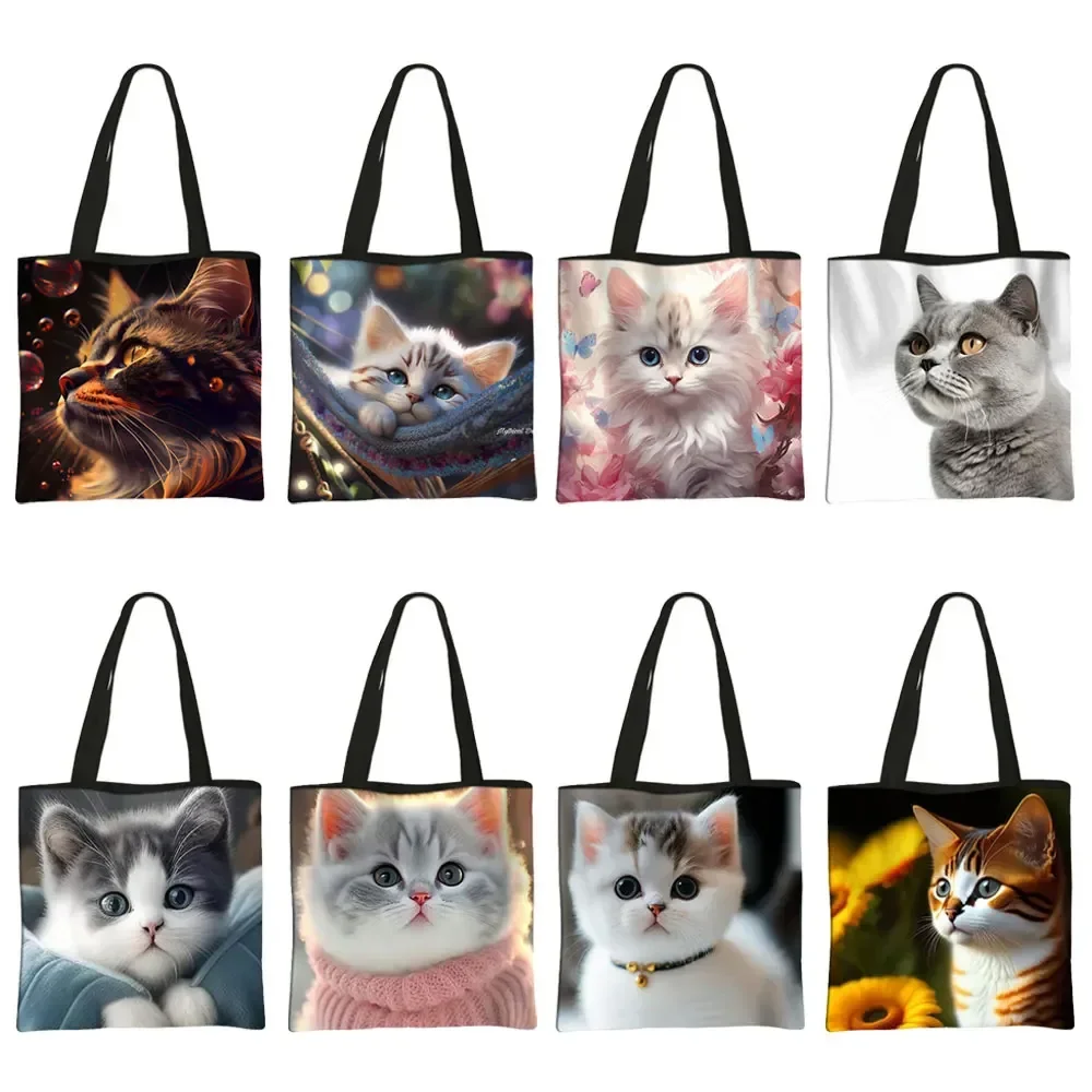 Adorable Cat Print Women Shoulder Bag Persian/Siamese Cat Shopping Bag Scottish British Cat Kitten Tote Bag Handbag Shopper Bag