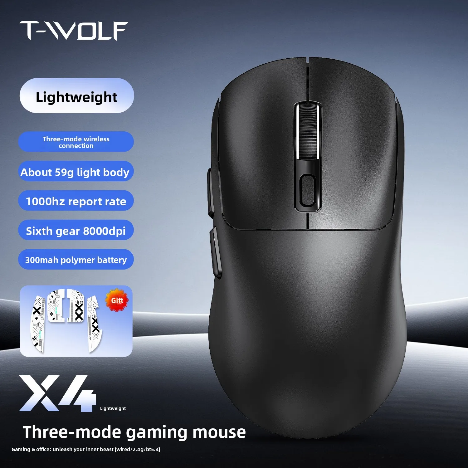 

Беспроводная игровая мышь T-WOLF Thunder Wolf X4 для киберспорта, Bluetooth, проводная, трехрежимная, легкая, для компьютера и офиса