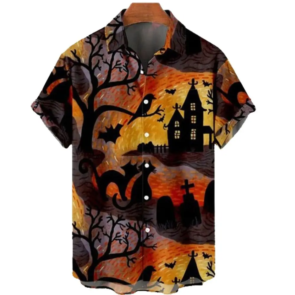 2024 Ghost Halloween Scarecrow Pumpkin Men\'S Shirt Bat Horror Skull 3d Print Summer Casual Short Sleeved Beach Party Hawaiian