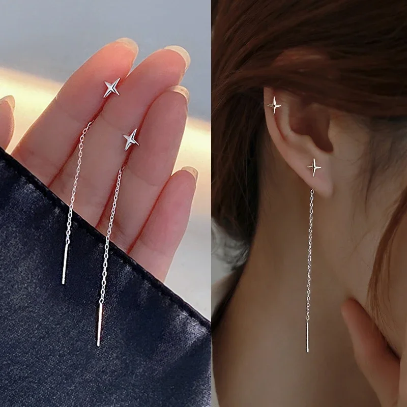 Trend Lange Draht Quaste Faden Kette Klettern Stern Herz Perlen Anhänger Tropfen Ohrringe frauen Gerade Hängende Ohrringe Schmuck
