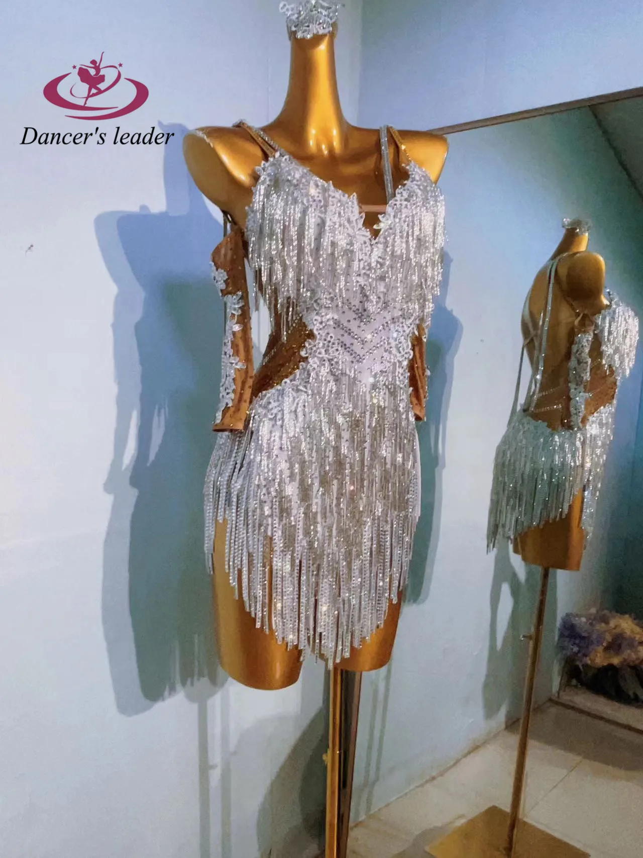 Latin Dance Dress High-end Custom Silver Tassel Design High Flash Rhinestone Female Adult Stage Professional Clothing