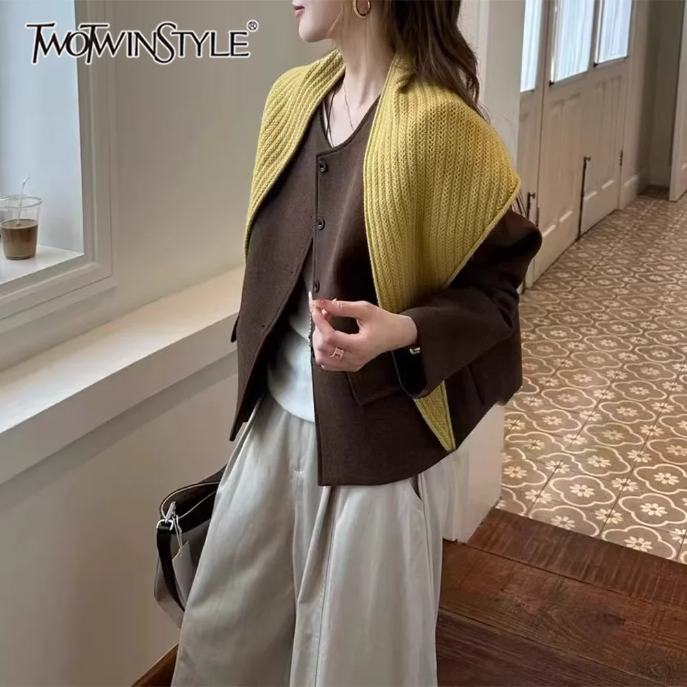 

TWOTWINSTYLE Solid Spliced Pocket Basics Jacket Female O Neck Long Sleeve Loose Casual Retro Women's Jackets Autumn Fashion New