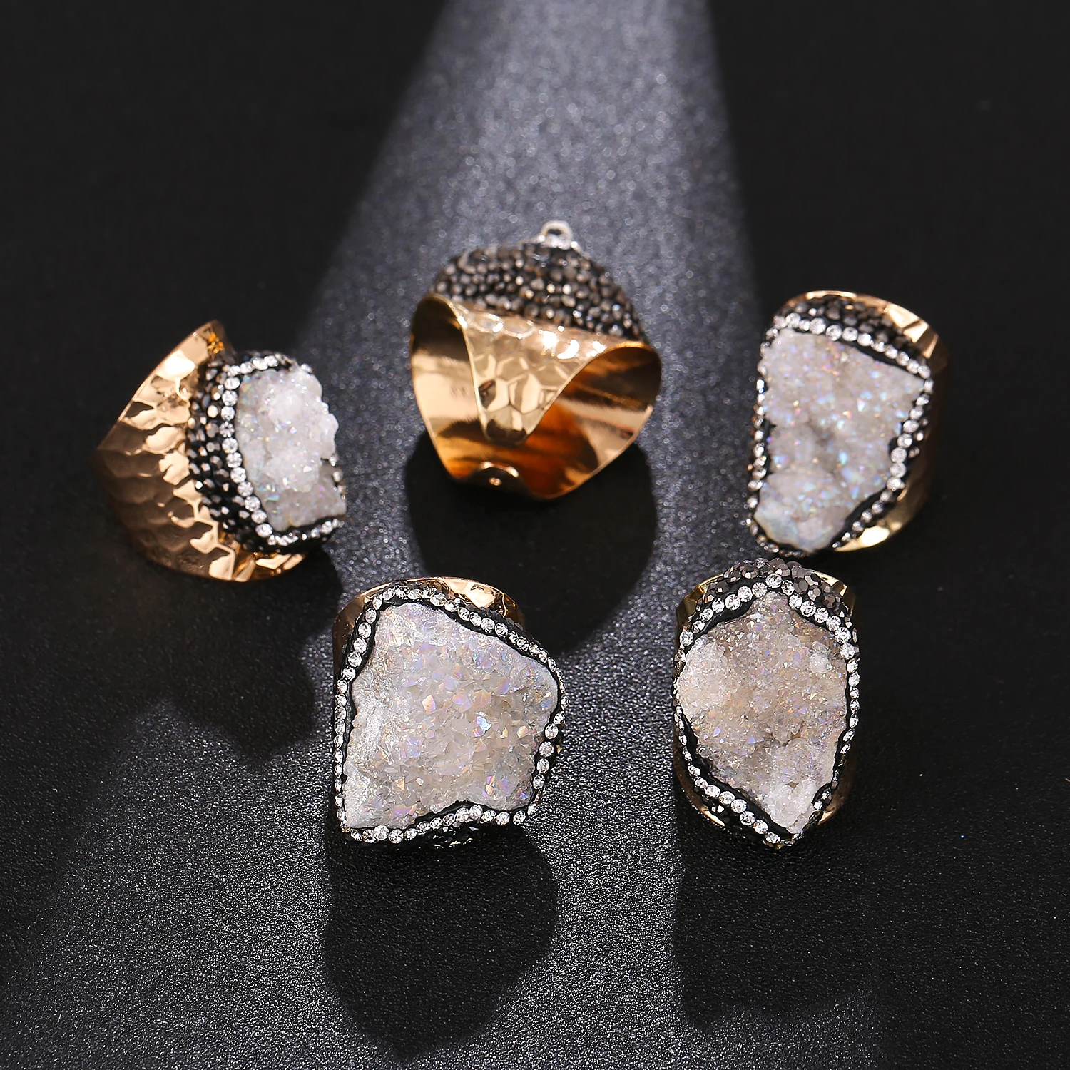 Irregular Druzy Quartz Stone Open Ring for Women Gold-color Handmade Micro Inlay Boho Finger Jewelry Resizable