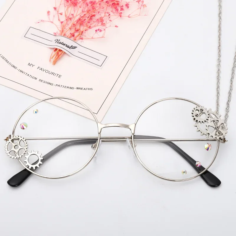 Ladies Retro Clear Lens Spectacle Frames Gold Eyewear Round Steampunk Glasses Frame Women Lolita Gears Chain Decoration Style