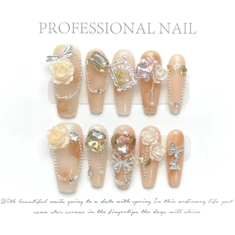 10st Vintage luxe lange Franse balletnagels 3D Camellia bloem kristal handgemaakte pers op nagels draagbaar volledige dekking nageltip