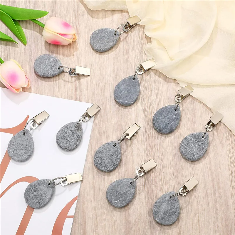 8PCS Tablecloth Weights Outdoor Table Cloth Weights Teardrop Shape Pendant Stones with Metal Clips Marble Table Cover Weights