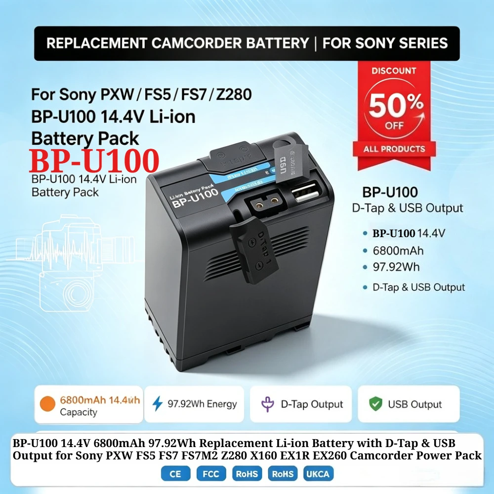 BP-U100 14.4V 6800mAh 97.92Wh Replacement Li-ion Battery with D-Tap & USB Output for Sony PXW FS5 FS7 FS7M2 Z280 X160 EX1R EX260
