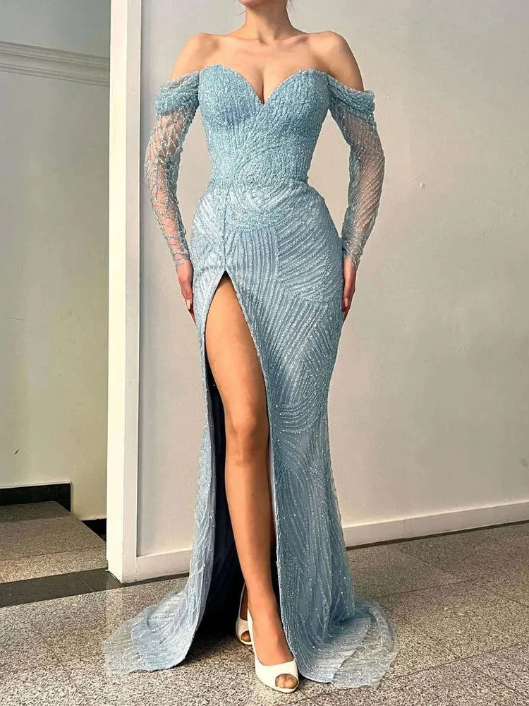 Fashion Blue Off the shoulder Evening Dress Mermaid Sequins Long Sleeve High Split Party Prom Dresses Customized