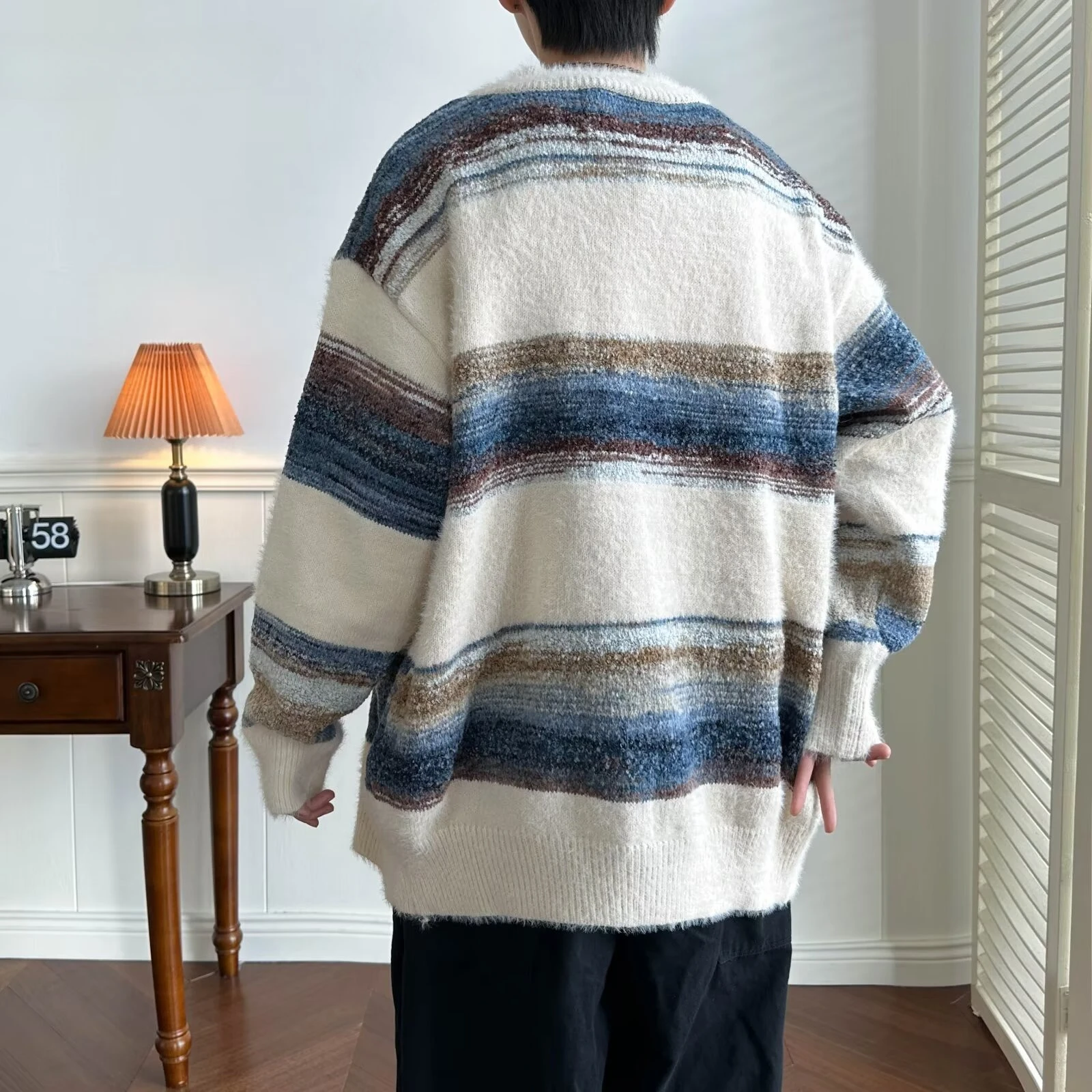 Striped Cardigan Men Chic Baggy Slouchy V-neck Japanese Style Harajuku Vintage High Street Knitting Sweaters All-match Autumn