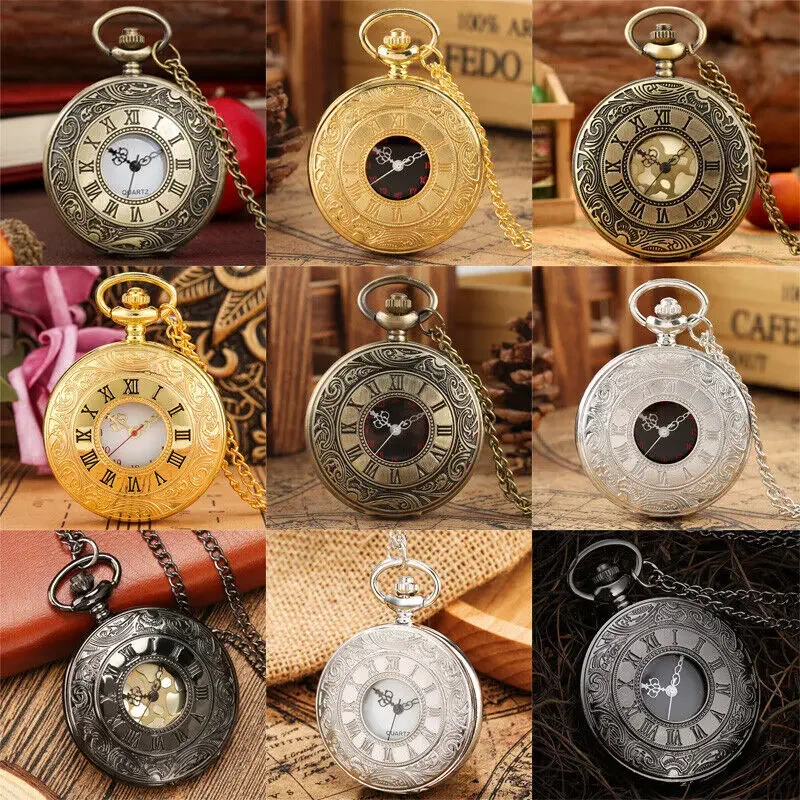 Bronze Vintage Style Clock Carved Roman Number Half Hunter Case Retro Quartz Pocket Watch for Men Women Sweater Necklace Chain