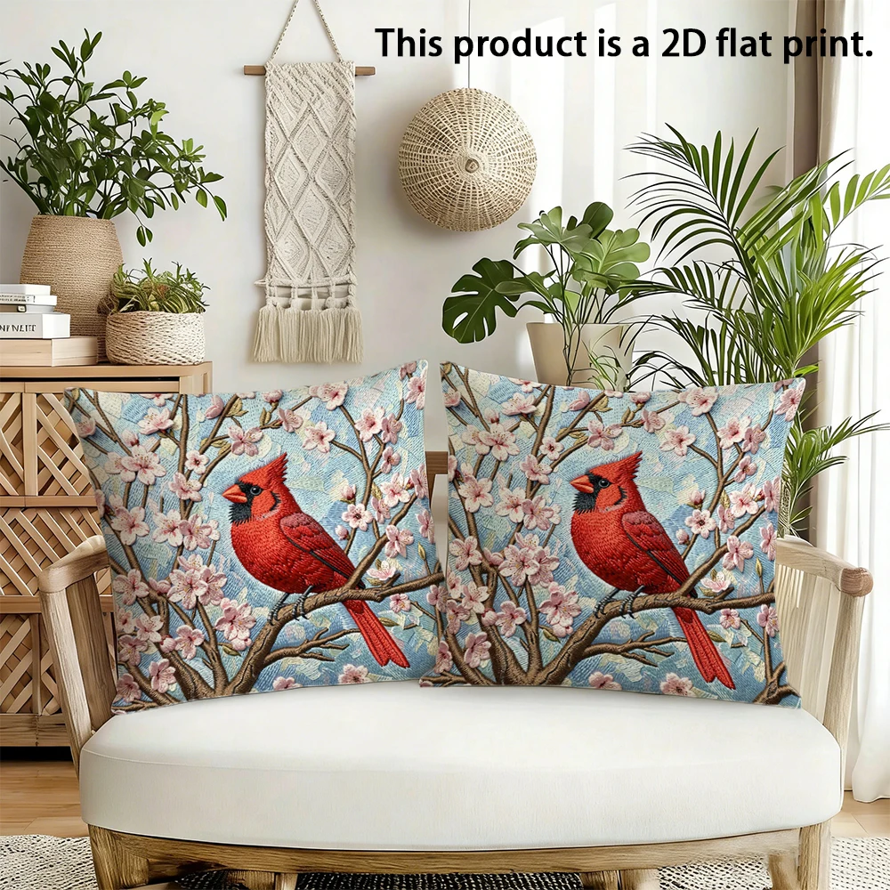 2pcs Cardinal Cherry Blossom Throw Pillow Cover Spring Floral Decorative Square Cushion Case for Sofa Couch Bed Cushion cover