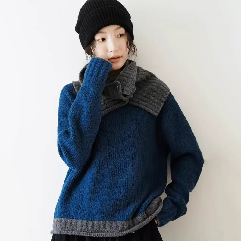 French Lazy Wind Scarf Sweater Female Pullover 2025 Autumn and Winter New Loose Round Neck Color Matching Sweater Female