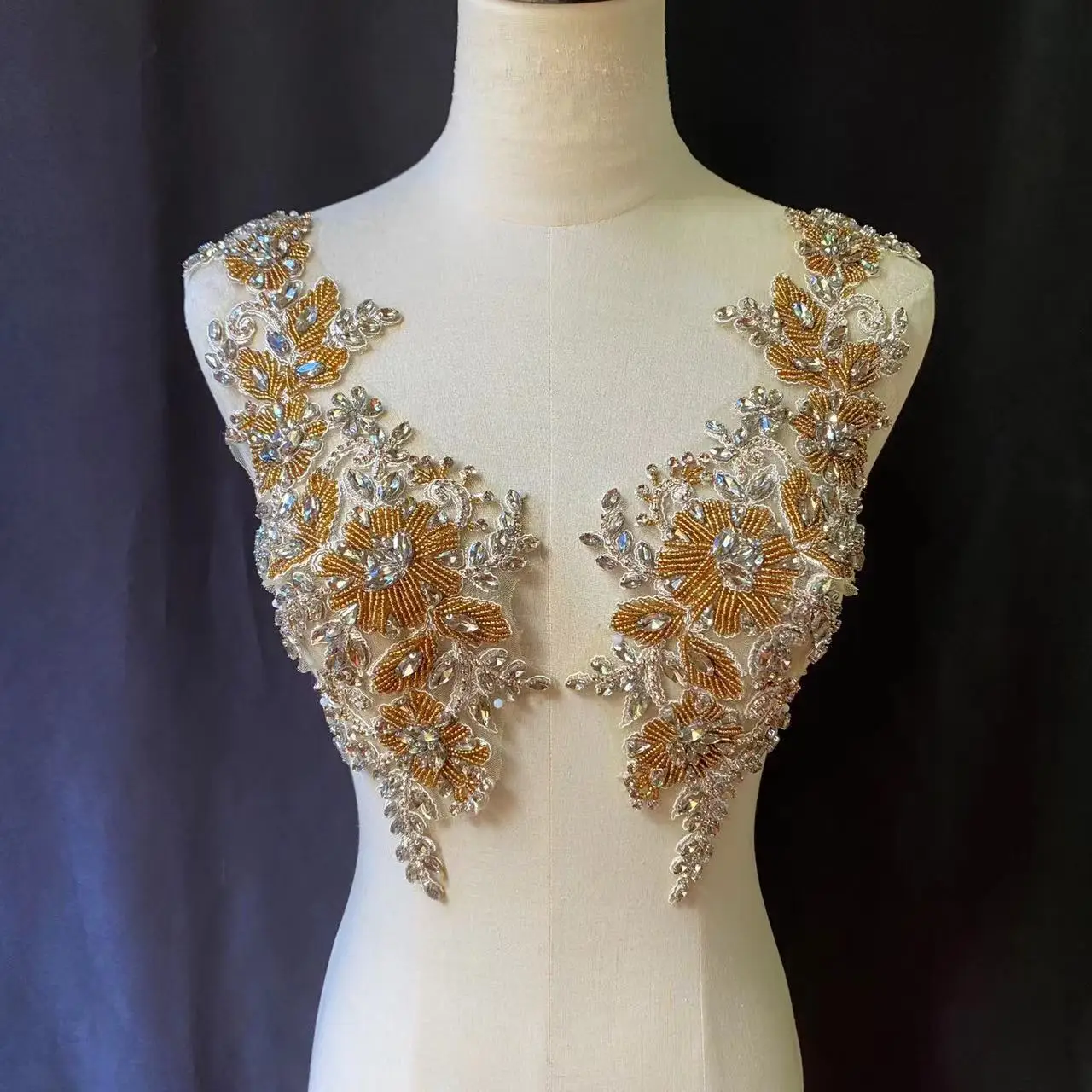 Light Tan Diamond Rhinestone Bodice  Applique Red Bead Flower Crystal Trim Patch for Ball Gown,Corset,Clothing Handcrafted