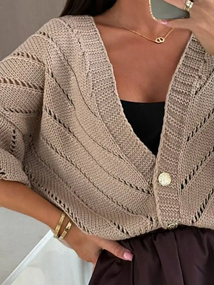 

Простой однотонный женский свитер с v-образным вырезом и длинными рукавами, элегантный однобортный теплый свитер, новый осенний ажурный вязаный свитер