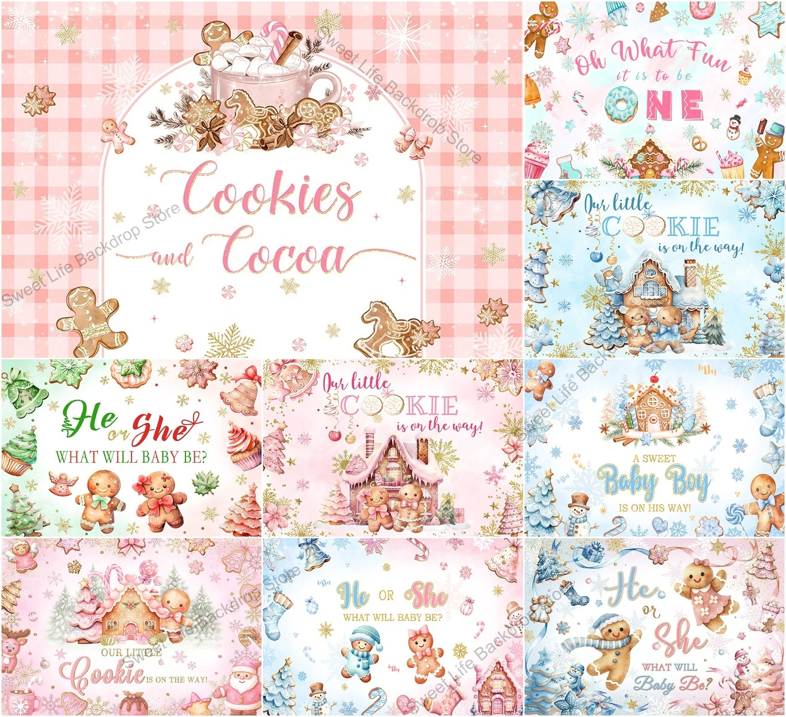 Dessert Table Backdrop - ฉากหลังงานเลี้ยงฉลองวันเกิดคริสต์มาส ขนมปังขิง ขนมหวาน คุกกี้ ฉลองวันเกิดครบรอบ 1