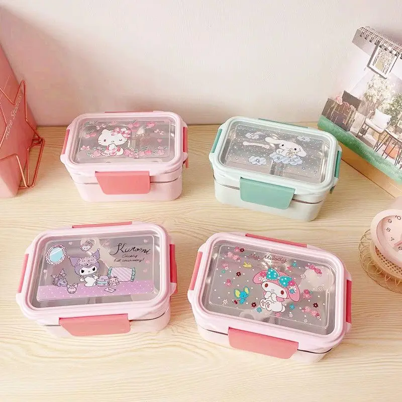 Cinnamoroll Melody Kawaii Anime Stainless Steel Lunch Box Students Office Cute Kurrom Cartoon Bilayer Keep Warm Lunch Box Gifts