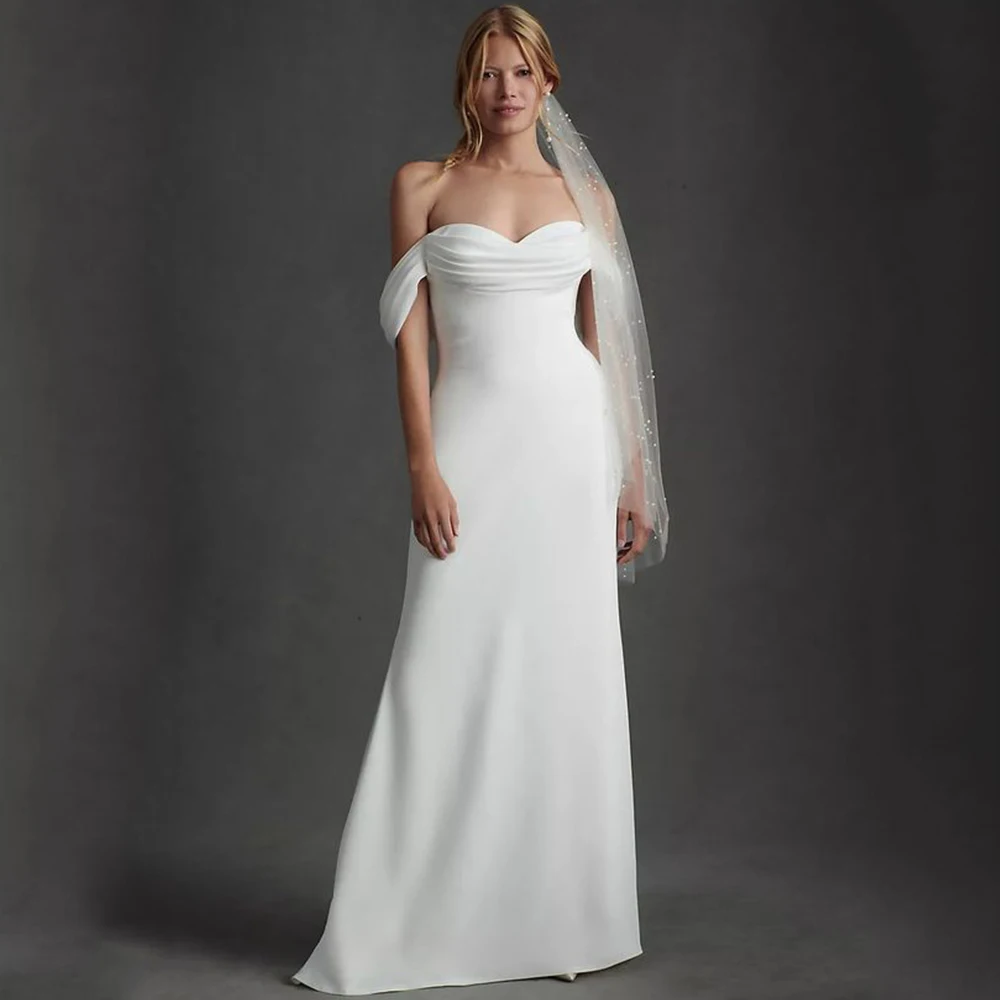 Off the Shoulder Pleat Wedding Dress Sweetheart Straight Floor Length Sexy Open Back with Sweep Train Bridal Marriage Gowns