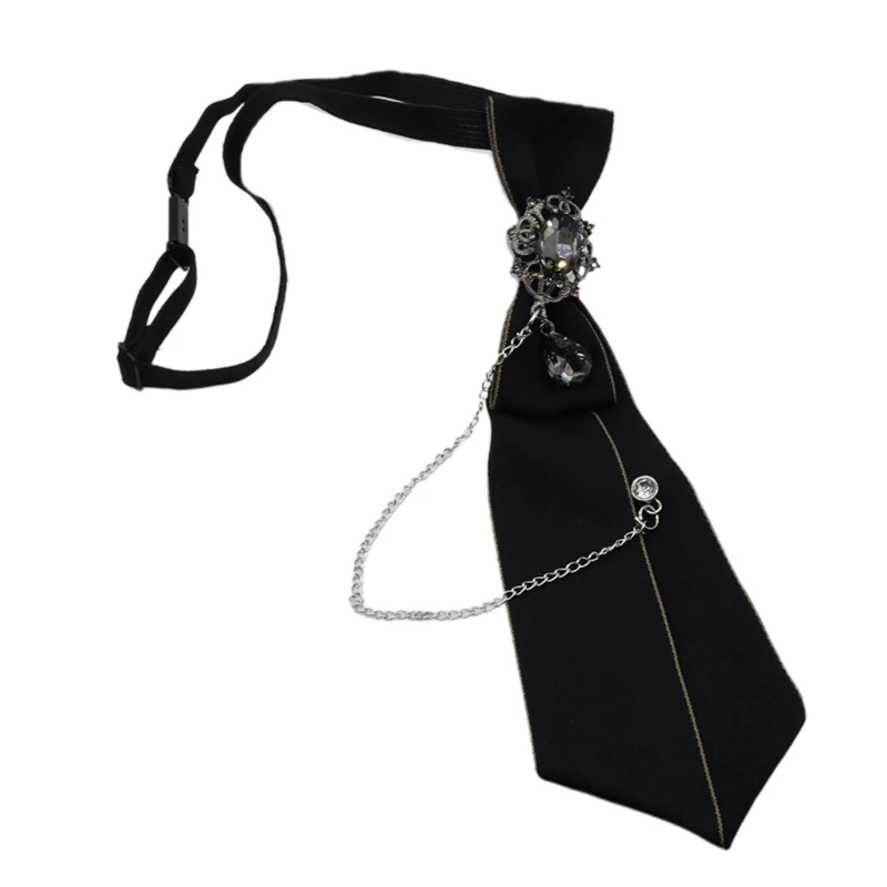 

Steampunk Black Necktie Gothic for Rhinestone Metal Chain Crystal Pendant Jewelry Bowtie Evening Adjustable Pre-Tied Bow