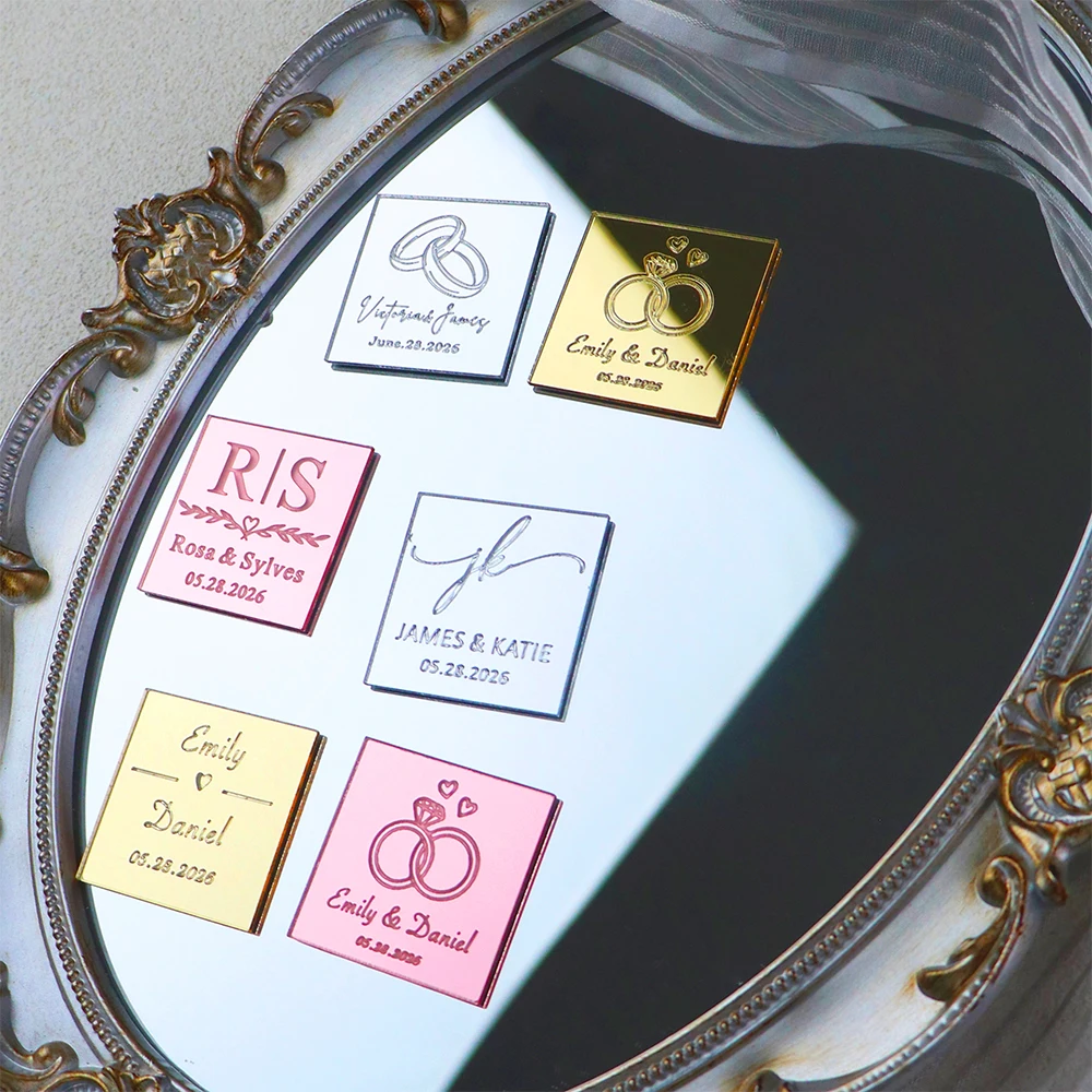 Étiquettes personnalisées en acrylique miroir doré gravées sur mesure, étiquettes carrées personnalisées avec nom, décoration pour mariage, baby shower, cadeau chocolat