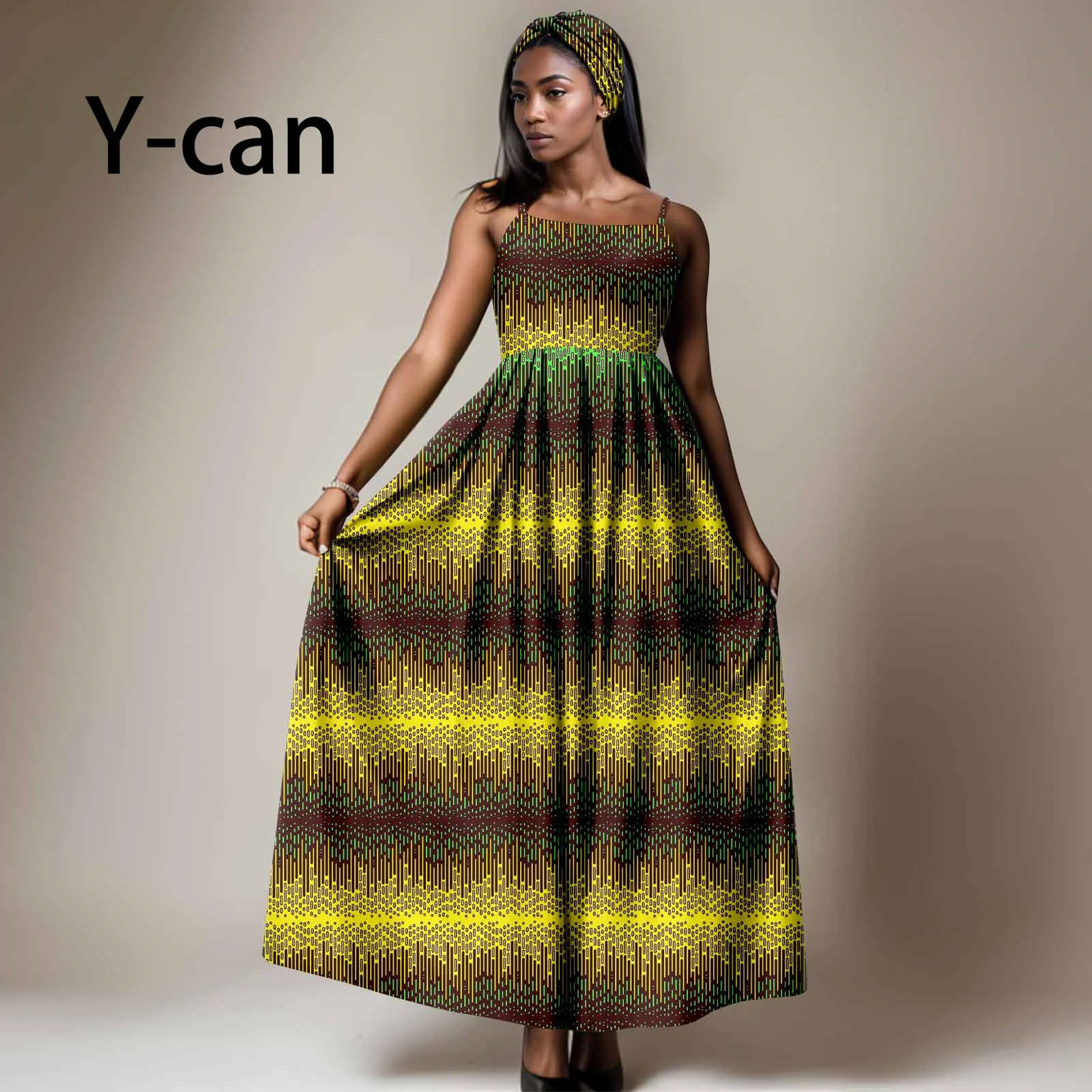 

African Clothes for Women Sexy Dashiki Ankara Print Slip Dress with Headband Bazin Riche Girl Lady Date Wedding Outfit Y2325098