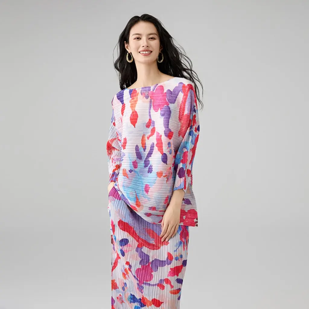 

Летний возрастной модный костюм, элитная одежда, свободная футболка с однотонным воротником и принтом, элегантный универсальный комплект с юбкой для женщин