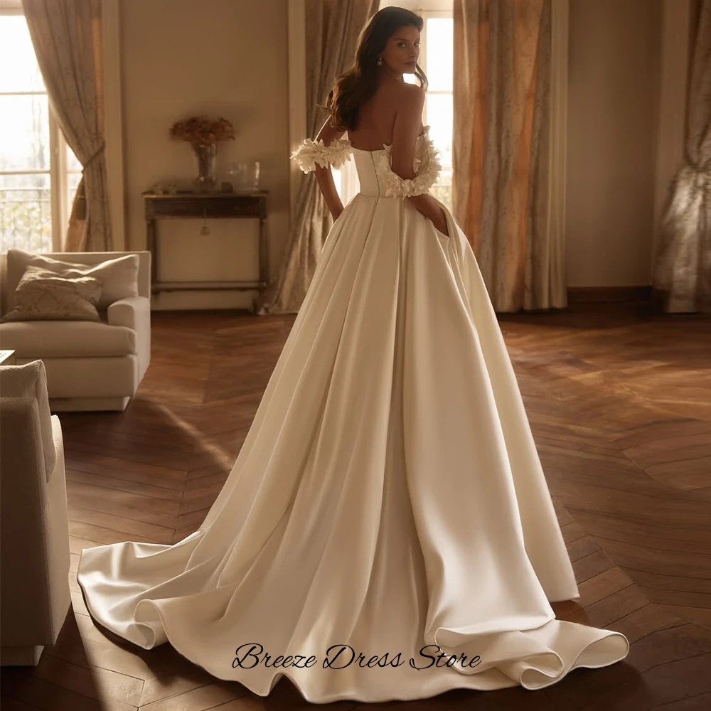 Delicate 3D Flower Customized Wedding Dress with Off the Shoulder Elegant A-Line Sweetheart Bridal Gown Side Slit Robe de mariée