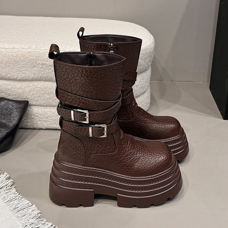 

Designer Platform Women's Boots Flats Goth Leather Shoes Woman 2025 Winter New Chelsea Boots Buckle Shoes Motorcycle Botas Mujer