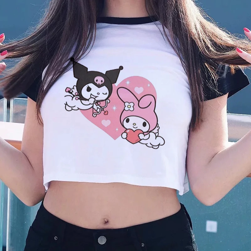 

Kuromi Love Melody Prints Japan Anime Women Cartoon Y2k Crop T-shirt Summer Harajuku Casual Short Sleeved Streetwear Navel Tees