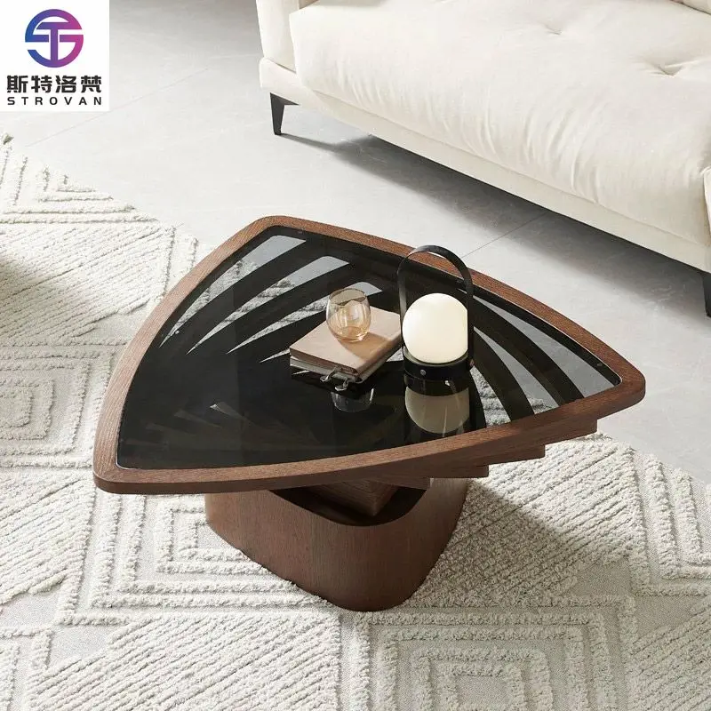 

Modern Style Glass Top Triangle Shape Wooden Frame Coffee Table Tea Table for Living Room