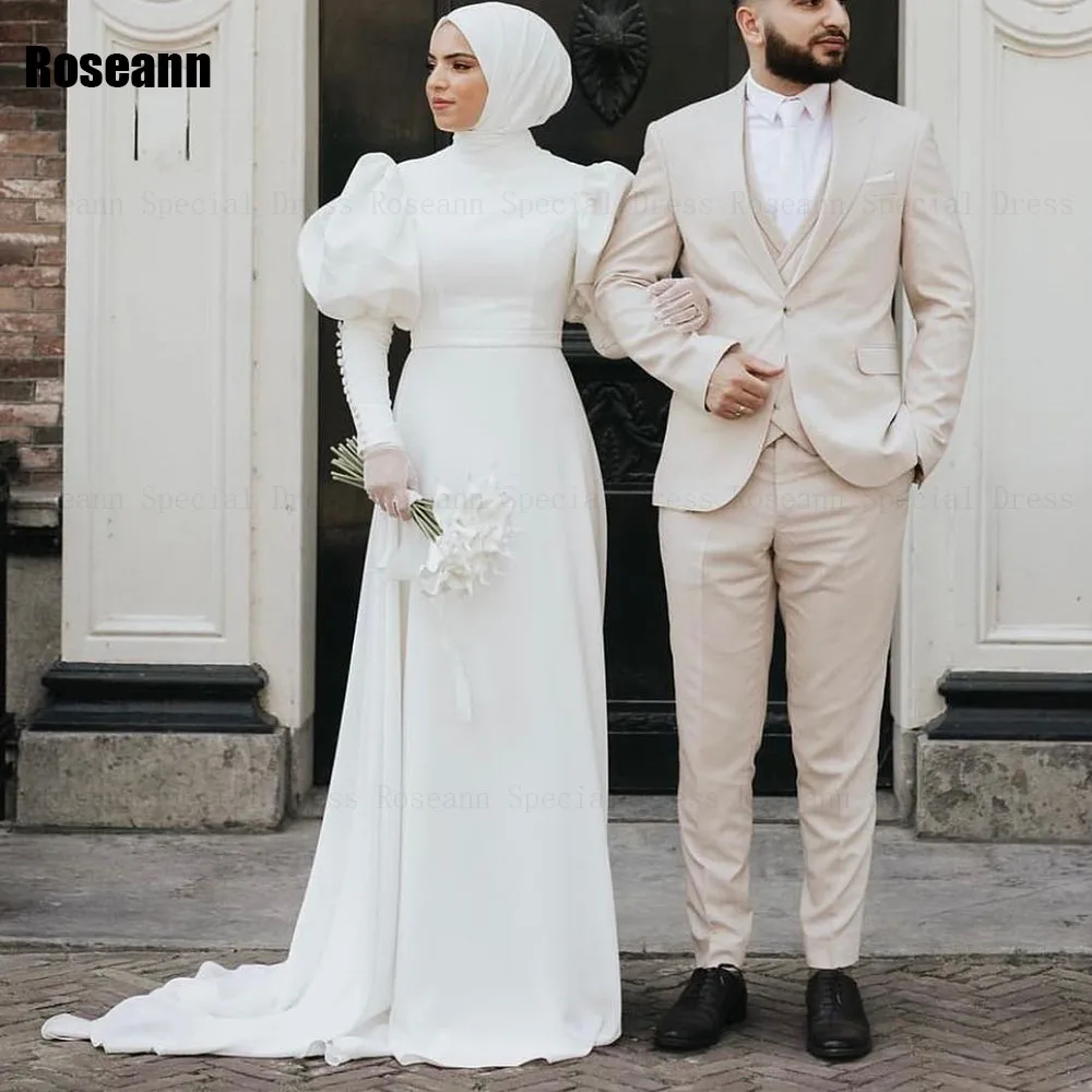 

Muslim High Collar A-line Wedding Dresses Puff Sleeve Draped Pleat Floor Length Ribbon Bride Dress Brush Train robe de mariée