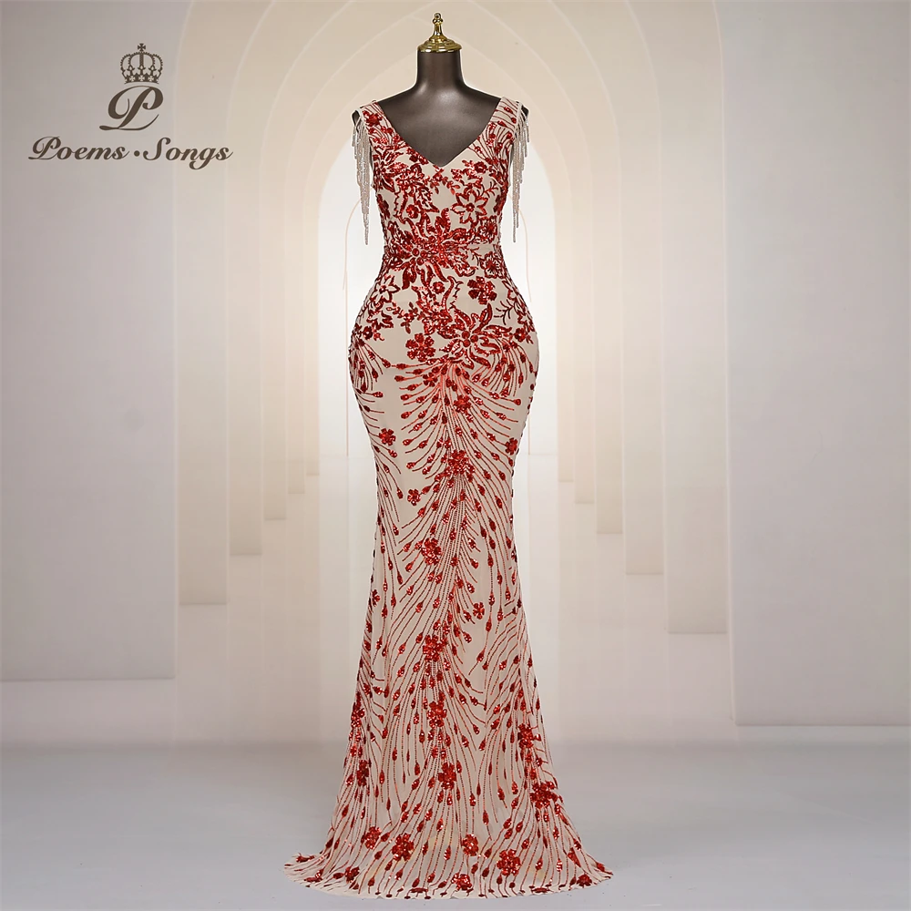 Sexy beaded sleeves Mermaid Evening Dresses For Women Prom Dresses Maxi dress Party dress Beautiful evening gowns