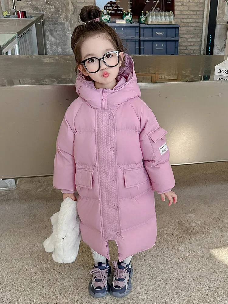 2024 Winter Girls Jacket Coats Long Parkas Kids Down Cotton Hooded Clothes Thick Warm Windproof Casual Student Tops TR304