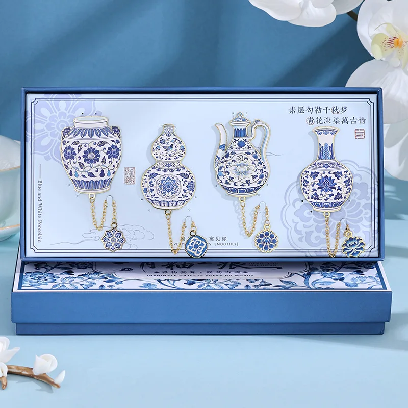 

Chinese Style Metal Bookmark with Gift Box - Blue Glaze Ink Pattern for Friend Student Colleague Gift