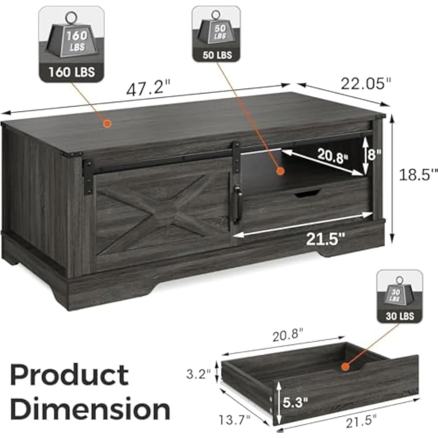 RoyalCraft Farmhouse Coffee Table with Storage and Sliding Barn Door, 48'' Rustic Living Room Table with Open Shelves