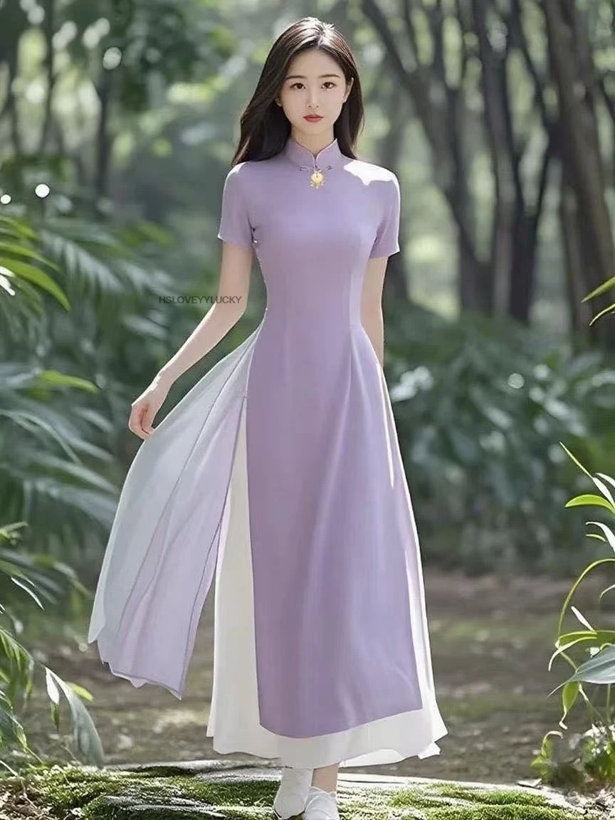 ملابس النساء Aodai Vetnam طويلة شيونغسام Aodai الفيتنامية التقليدية فستان المرأة رشيقة تشيباو الشيفون آو داي