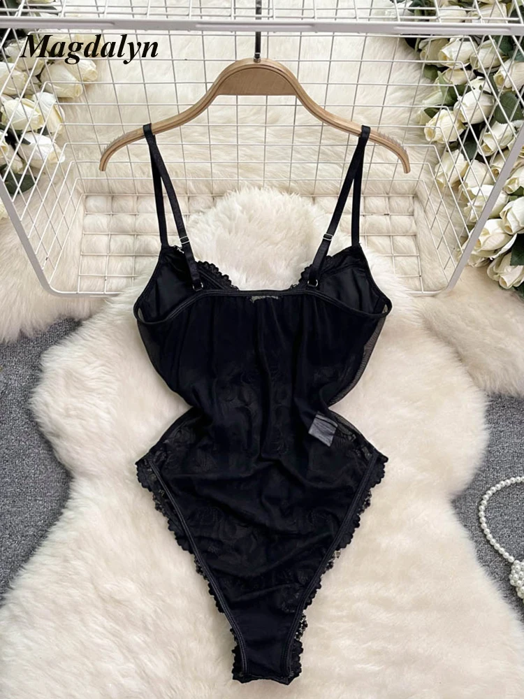 Magdalyn Women Floral Mesh Sexy Bodysuits Vintage Intimate Catsuit One Piece Combination Jumpsuits Black Bodycon Strappy Rompers