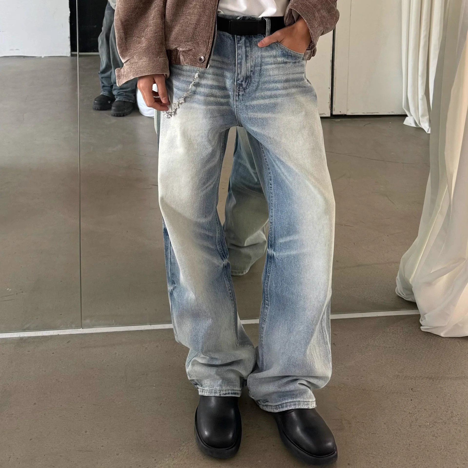 

American Vintage New High Street Men's Light Blue Casual Trendy Wide Leg Straight Washed Denim Trousers Male Jeans Pants Clothes