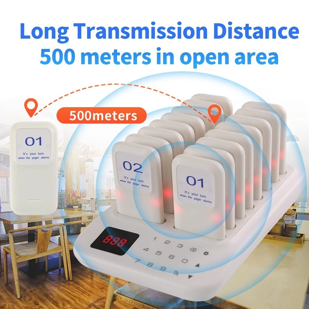 ระบบเพจเจอร์ร้านอาหาร, เพจเจอร์สําหรับร้านอาหาร, ระยะไกล 1,000 ฟุต, เพจเจอร์ 16 ตัวและเสียงบี๊บสําหรับรถบรรทุกอาหาร, บาร์, ร้านอาหาร