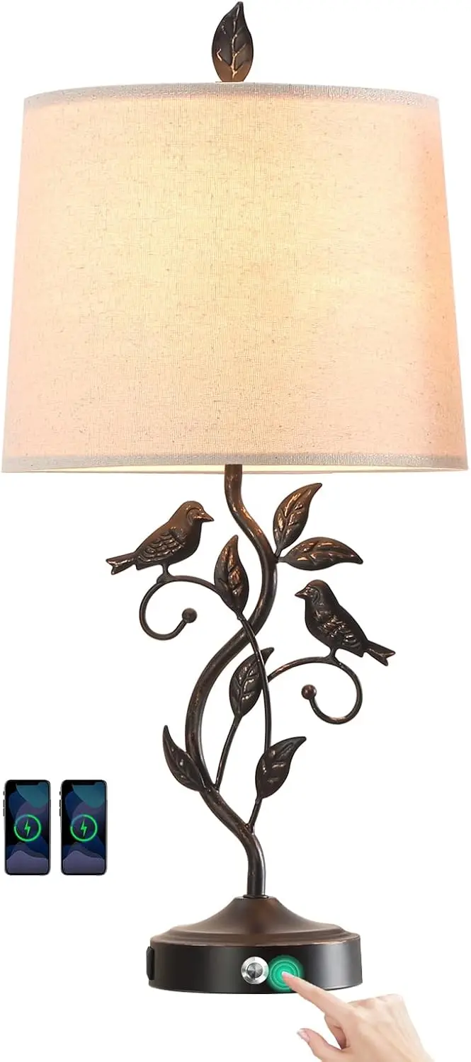 

27" Touch Table Lamp with 3-Way Dimmable, USB Ports, Vintage Iron Leaf Design for Living Room or Bedroom