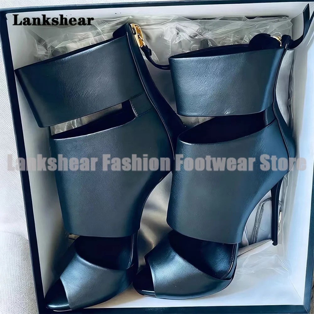 

Black Leather Peep-Toe Ankle Booties Cutout Back Zipper Stiletto High-Heel Boots Sandals Women Shoes Sandalias De Mujer Verano