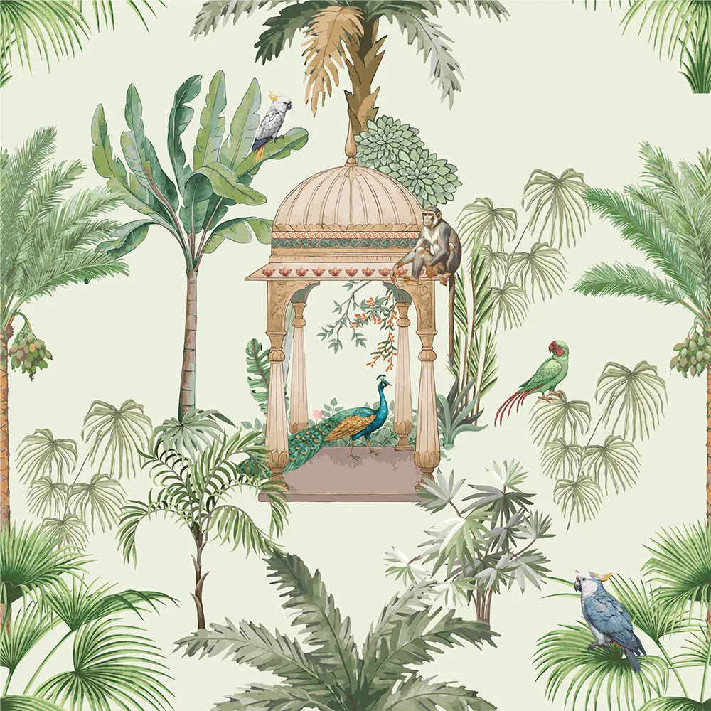 Light Green Chinoiserie Jungle Peel and Stick Wallpaper Palm Tree Peacock Waterproof Self Adhesive Wall Mural for Home Decor