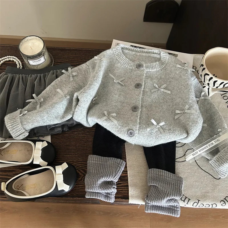 Korean Children's Clothing 2024 New Autumn Girls Knitted Sweater Knitted Children's Stacking Socks Leggings Two-piece Tide