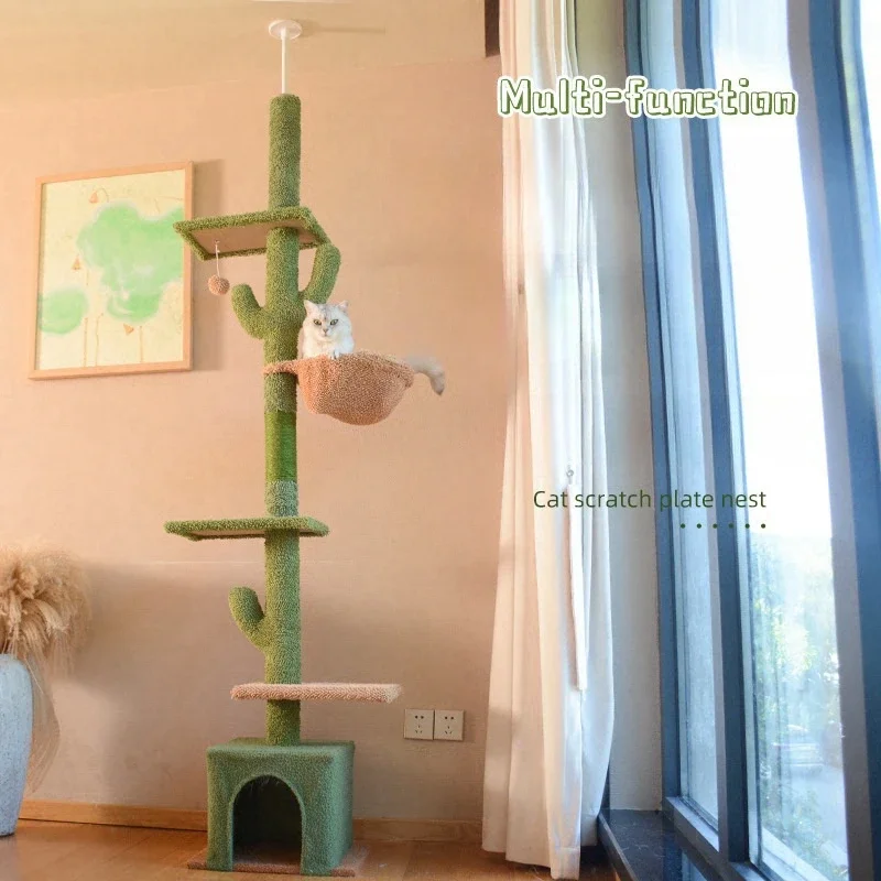 5-Layer Floor to Ceiling Cat Tree Tower Cactus Tall Climbing Tree with Scratching Post Hammock Dangling Ball for Indoor Cat Toys