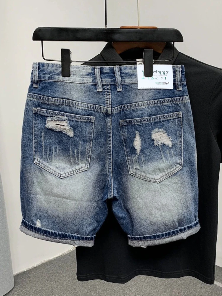 2026 Summer Ripped Straight Men Denim Shorts Korean Fashion Streetwear Blue Vintage Jean Slim Luxury Trend Male Brand Clothes view 2
