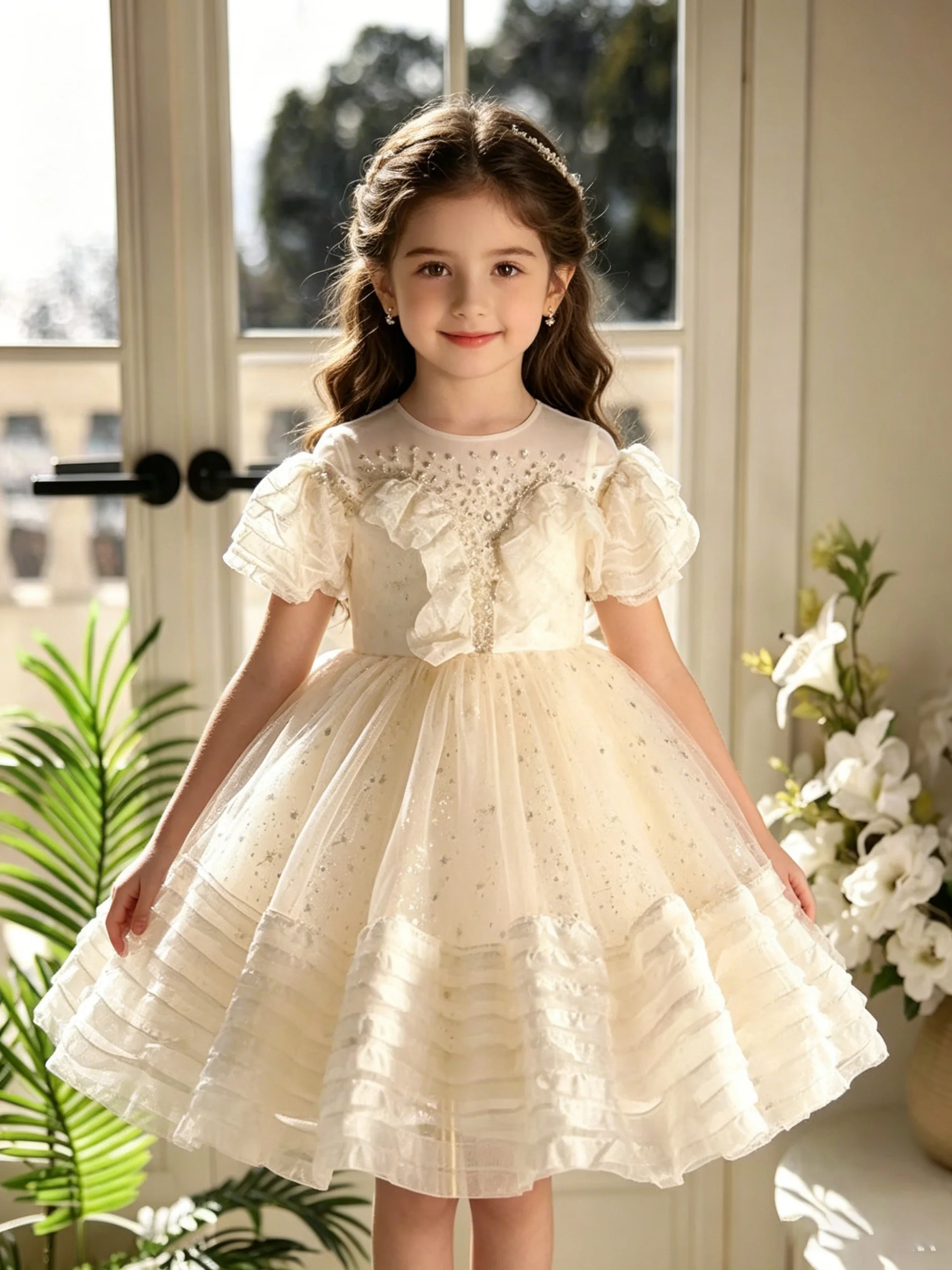 

Lotus leaf sleeves Sequin Girl Dress Evening Gown Round Neck Cake Dresses Boutique Youth Girls Clothing for Wedding Bridesmaid