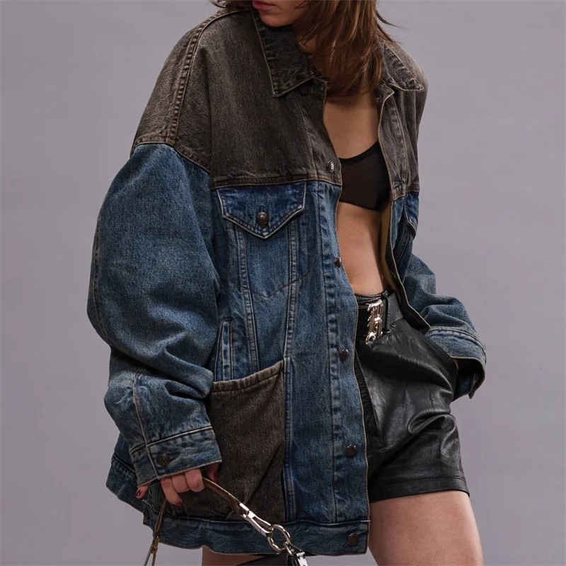 

Women jacket Fall 2024 New outerwears Contrast patchwork Women's coat pure cotton long sleeved top Couple y2k loose Denim jacket