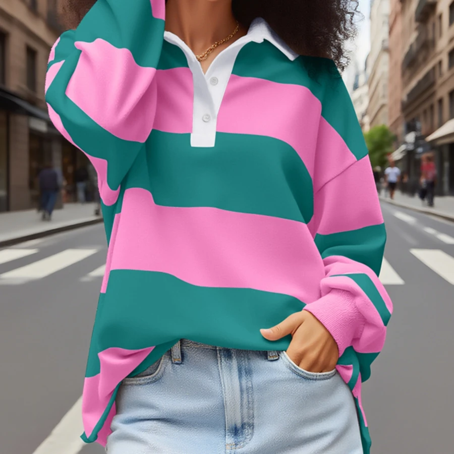 Kollektion 2025, gestreiftes Langarmshirt, klassischer Umlegekragen, lockere Herbst-Patchwork-Sweatshirts