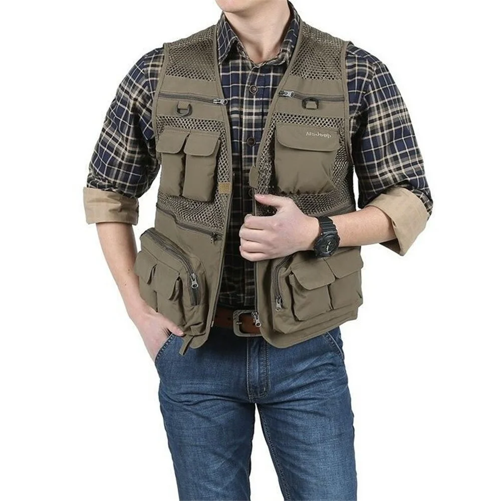 

Summer Men Quick Dry Mesh Khaki Vest Multi-pockets Photographer Male Sleeveless Jackets Baggy Casual Reporter Waistcoat